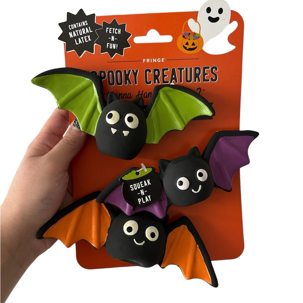 FRINGE 3 pack mini squeaky latex dog toy set - Spooky Bat green, purple